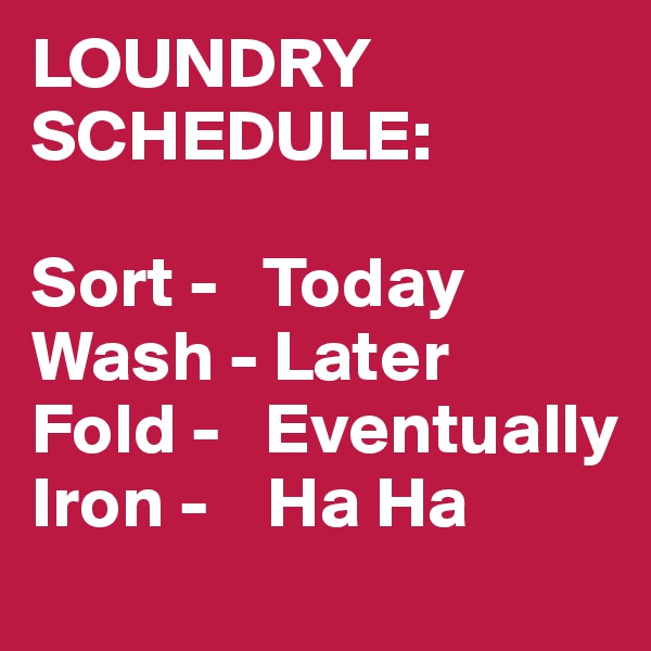 LOUNDRY SCHEDULE:

Sort -   Today
Wash - Later
Fold -   Eventually
Iron -    Ha Ha 