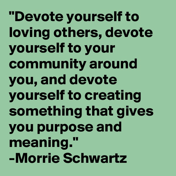 "Devote yourself to loving others, devote yourself to your community around you, and devote yourself to creating something that gives you purpose and meaning."
-Morrie Schwartz