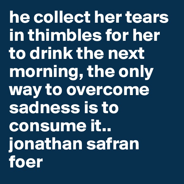 he collect her tears in thimbles for her to drink the next morning, the only way to overcome sadness is to consume it..
jonathan safran foer