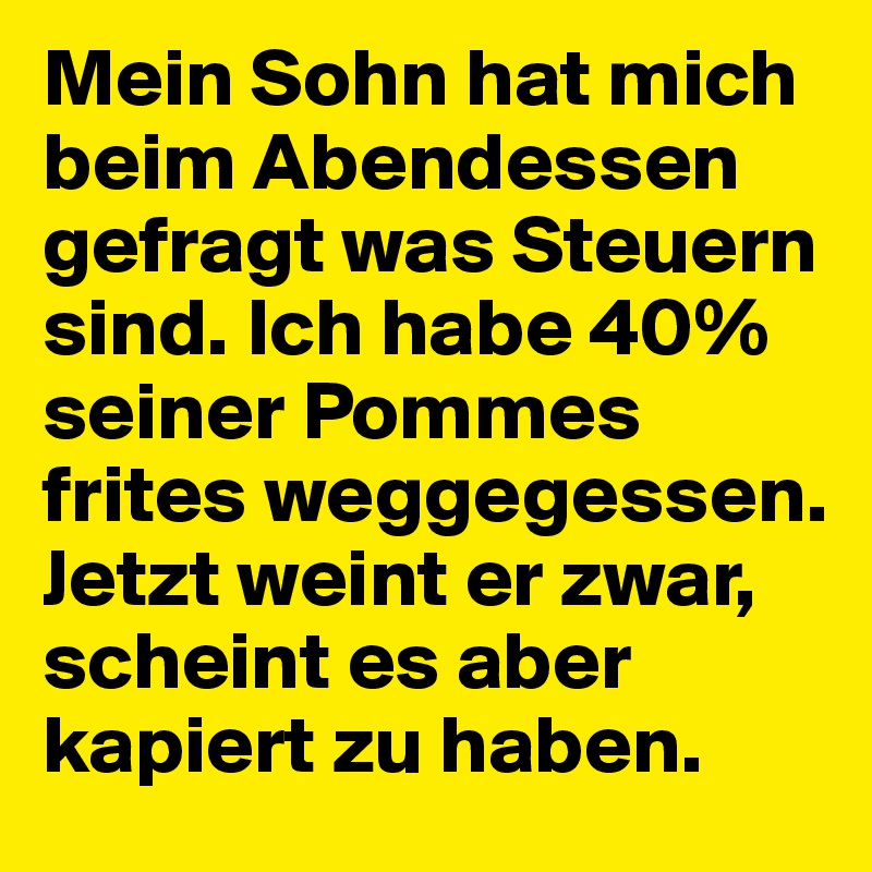 Mein Sohn hat mich beim Abendessen gefragt was Steuern sind. Ich habe 40% seiner Pommes frites weggegessen. Jetzt weint er zwar, scheint es aber kapiert zu haben.