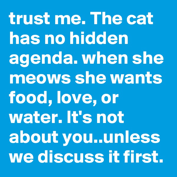 trust me. The cat has no hidden agenda. when she meows she wants food, love, or water. It's not about you..unless we discuss it first.