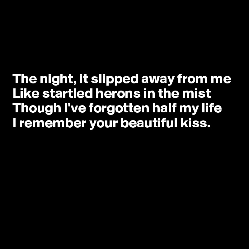 



The night, it slipped away from me
Like startled herons in the mist
Though I've forgotten half my life
I remember your beautiful kiss.







