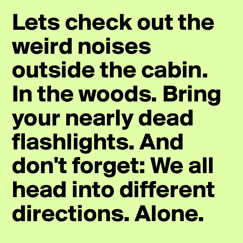 Lets check out the weird noises outside the cabin. In the woods. Bring your nearly dead flashlights. And don't forget: We all head into different directions. Alone.