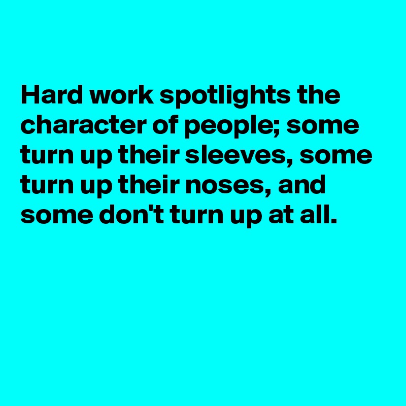 

Hard work spotlights the character of people; some turn up their sleeves, some turn up their noses, and some don't turn up at all.




