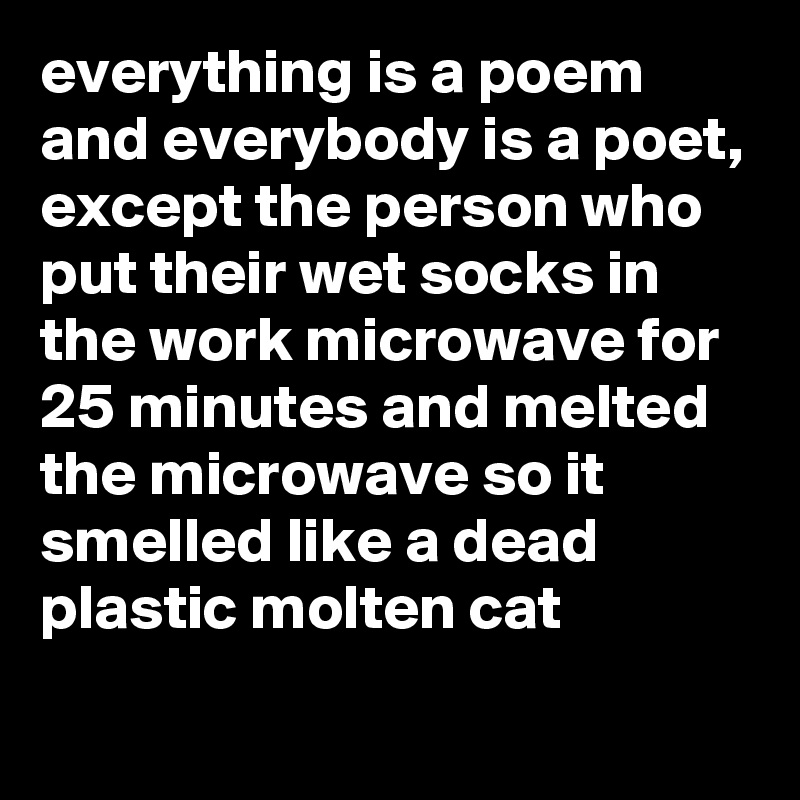 everything is a poem and everybody is a poet, except the person who put their wet socks in the work microwave for 25 minutes and melted the microwave so it smelled like a dead plastic molten cat