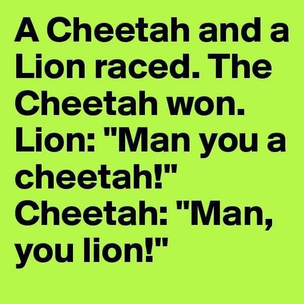 A Cheetah and a Lion raced. The Cheetah won. 
Lion: "Man you a cheetah!" Cheetah: "Man, you lion!"