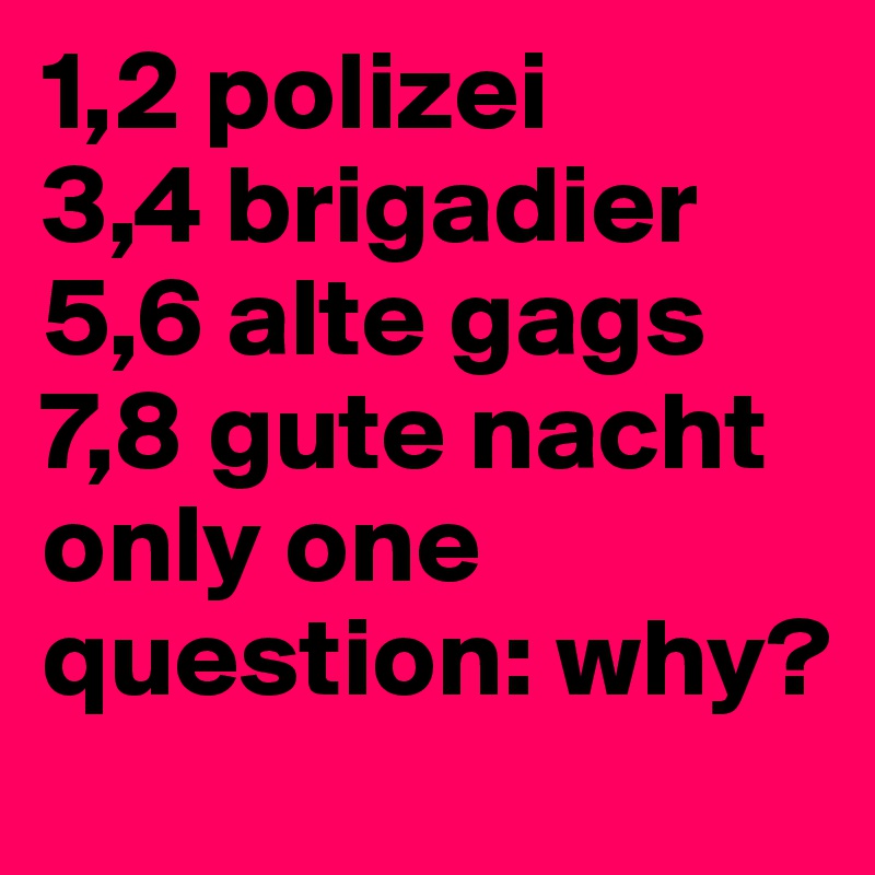 1,2 polizei
3,4 brigadier
5,6 alte gags
7,8 gute nacht
only one question: why?