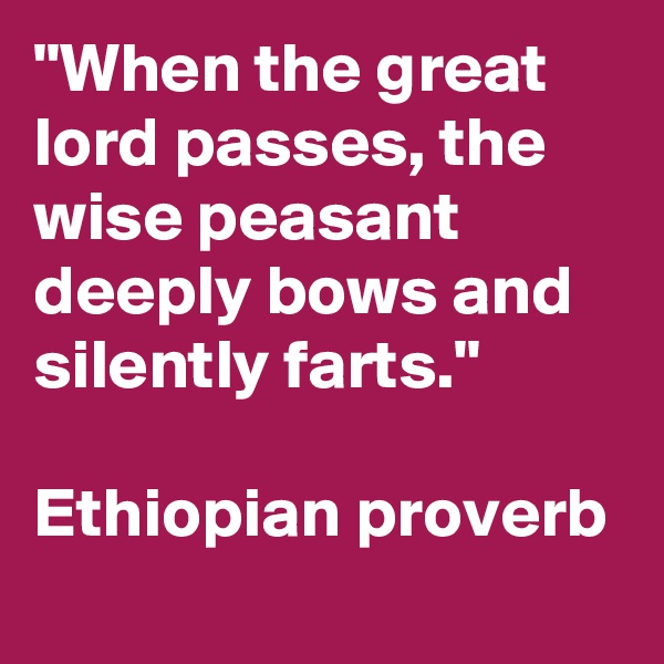 "When the great lord passes, the wise peasant deeply bows and silently farts."

Ethiopian proverb