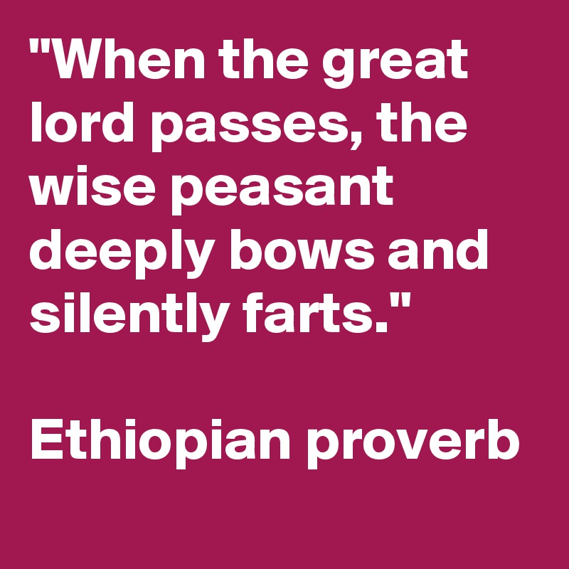 "When the great lord passes, the wise peasant deeply bows and silently farts."

Ethiopian proverb
