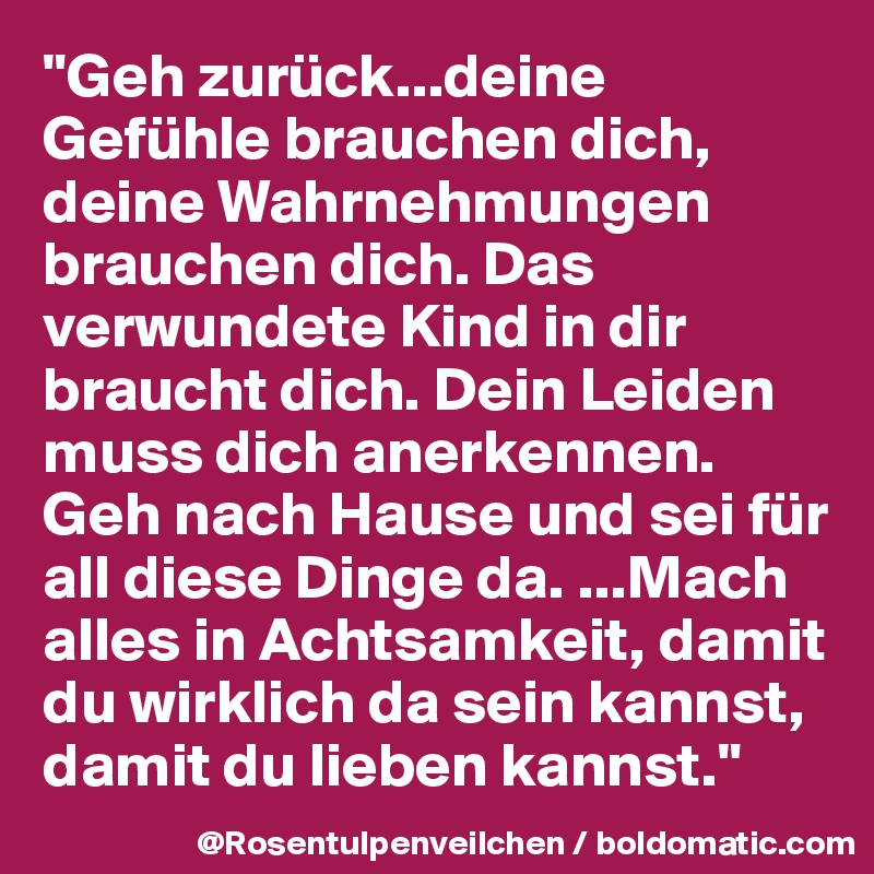 "Geh zurück...deine Gefühle brauchen dich, deine Wahrnehmungen brauchen dich. Das verwundete Kind in dir braucht dich. Dein Leiden muss dich anerkennen. Geh nach Hause und sei für all diese Dinge da. ...Mach alles in Achtsamkeit, damit du wirklich da sein kannst, damit du lieben kannst."