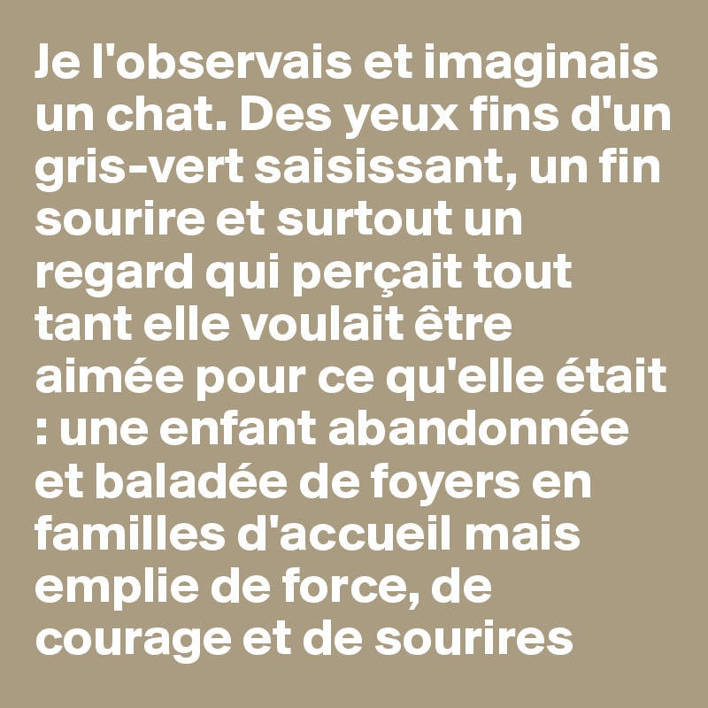 Je l'observais et imaginais un chat. Des yeux fins d'un gris-vert saisissant, un fin sourire et surtout un regard qui perçait tout tant elle voulait être aimée pour ce qu'elle était : une enfant abandonnée et baladée de foyers en familles d'accueil mais emplie de force, de courage et de sourires
