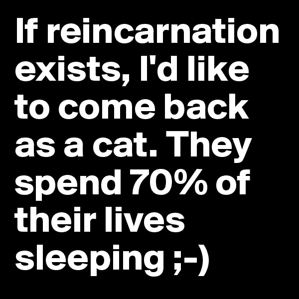 If reincarnation exists, I'd like to come back as a cat. They spend 70% of their lives sleeping ;-)