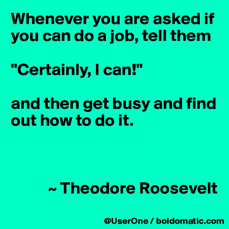 Whenever you are asked if you can do a job, tell them 

"Certainly, I can!"

and then get busy and find out how to do it.



           ~ Theodore Roosevelt
