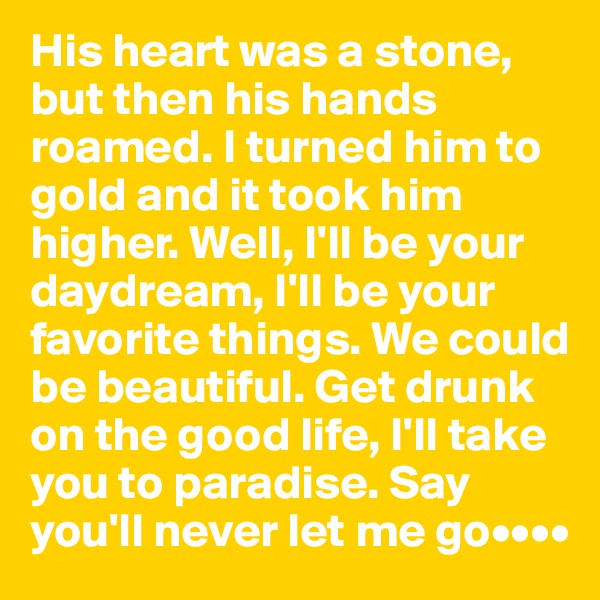 His heart was a stone, but then his hands roamed. I turned him to gold and it took him higher. Well, I'll be your daydream, I'll be your favorite things. We could be beautiful. Get drunk on the good life, I'll take you to paradise. Say you'll never let me go••••
