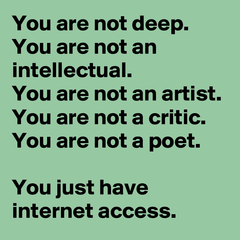 You are not deep. You are not an intellectual. 
You are not an artist. You are not a critic. You are not a poet.
 
You just have internet access.