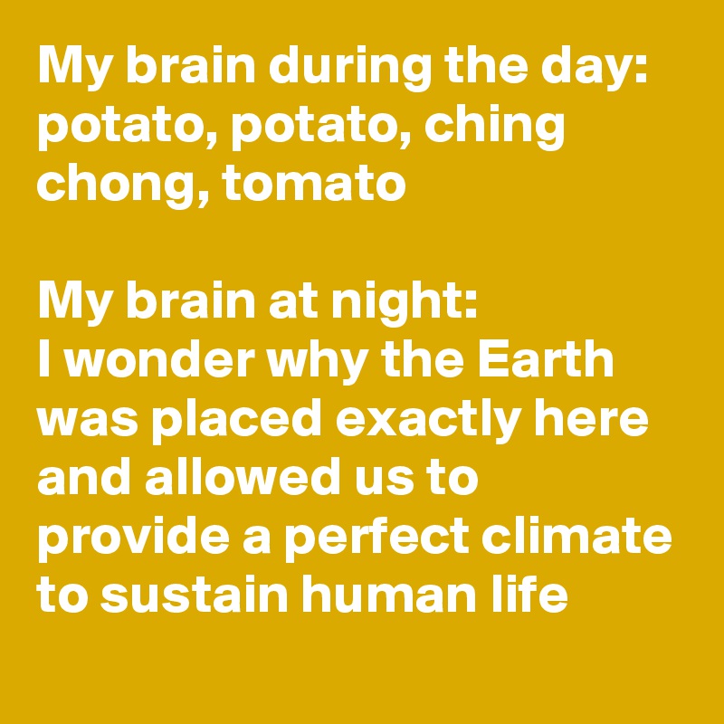 My brain during the day:
potato, potato, ching chong, tomato

My brain at night:
I wonder why the Earth was placed exactly here and allowed us to provide a perfect climate to sustain human life