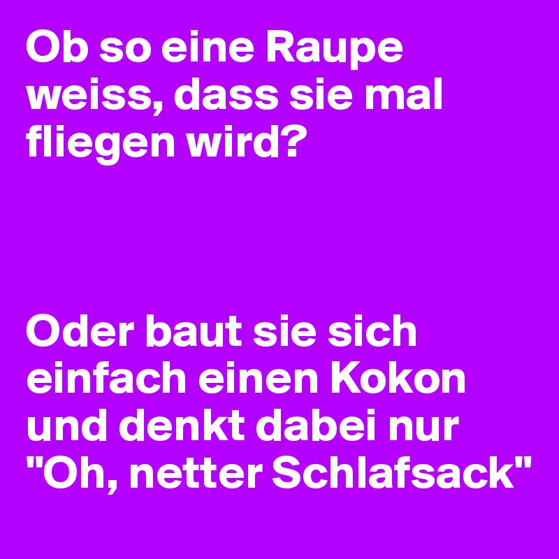 Ob so eine Raupe weiss, dass sie mal fliegen wird?



Oder baut sie sich einfach einen Kokon und denkt dabei nur "Oh, netter Schlafsack"