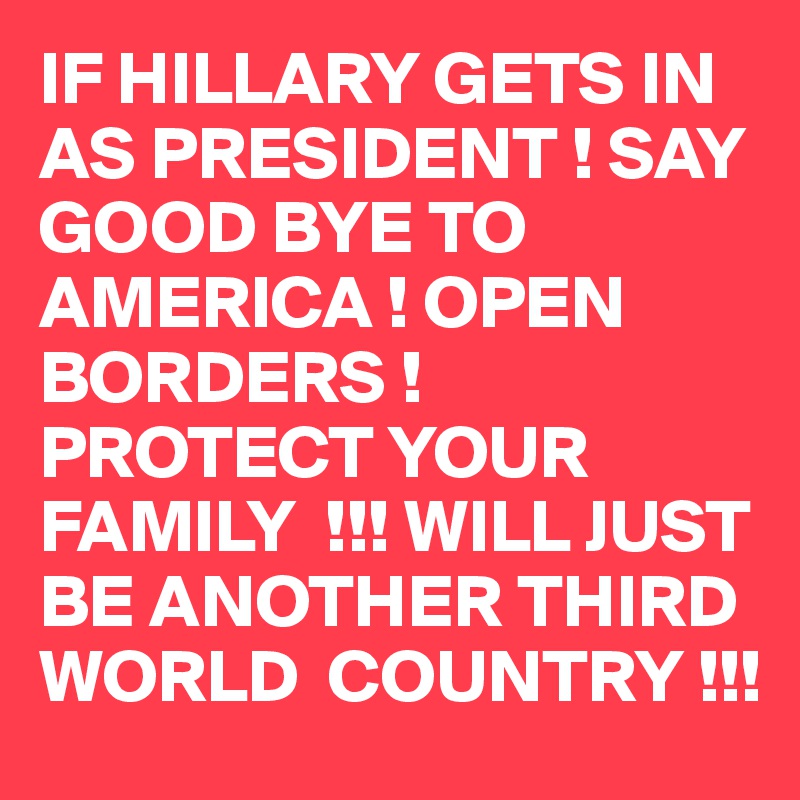 IF HILLARY GETS IN AS PRESIDENT ! SAY GOOD BYE TO AMERICA ! OPEN BORDERS ! PROTECT YOUR FAMILY  !!! WILL JUST BE ANOTHER THIRD WORLD  COUNTRY !!!  