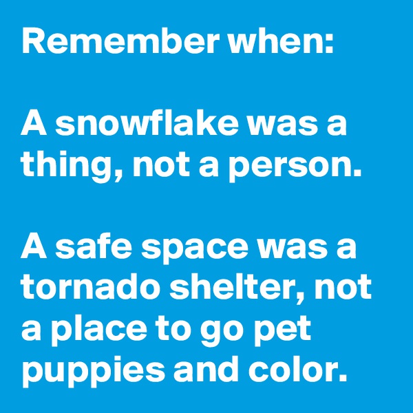 Remember when:

A snowflake was a thing, not a person.

A safe space was a tornado shelter, not a place to go pet puppies and color.
