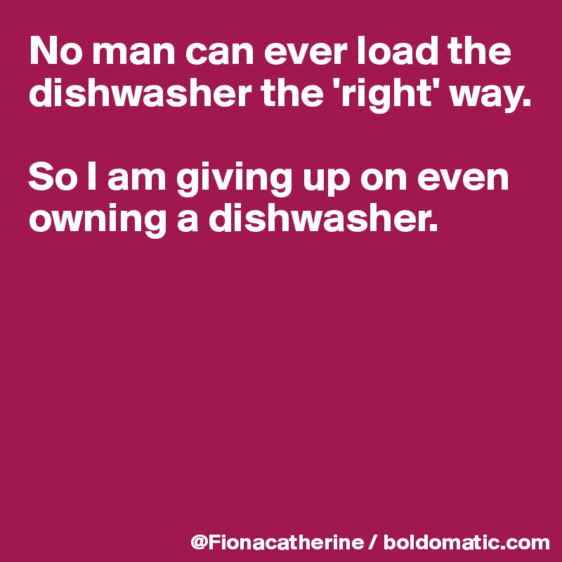 No man can ever load the dishwasher the 'right' way.

So I am giving up on even owning a dishwasher.






