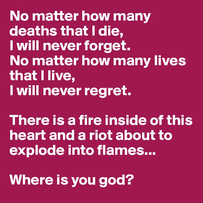 No matter how many deaths that I die,
I will never forget. 
No matter how many lives that I live, 
I will never regret. 

There is a fire inside of this heart and a riot about to explode into flames...

Where is you god? 