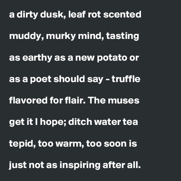 a dirty dusk, leaf rot scented

muddy, murky mind, tasting

as earthy as a new potato or

as a poet should say - truffle

flavored for flair. The muses

get it I hope; ditch water tea

tepid, too warm, too soon is

just not as inspiring after all. 