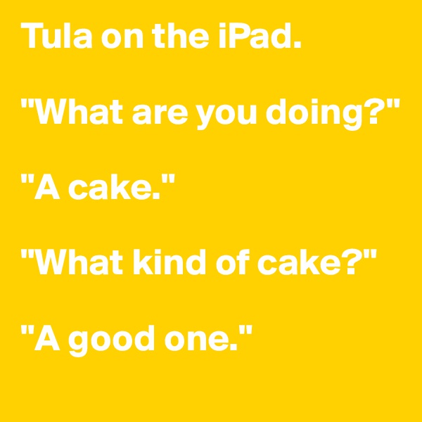 Tula on the iPad.

"What are you doing?"

"A cake."

"What kind of cake?"

"A good one."
