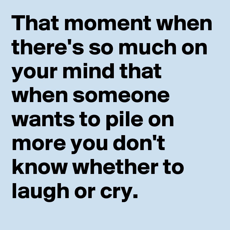 That moment when there's so much on your mind that when someone wants to pile on more you don't know whether to laugh or cry.