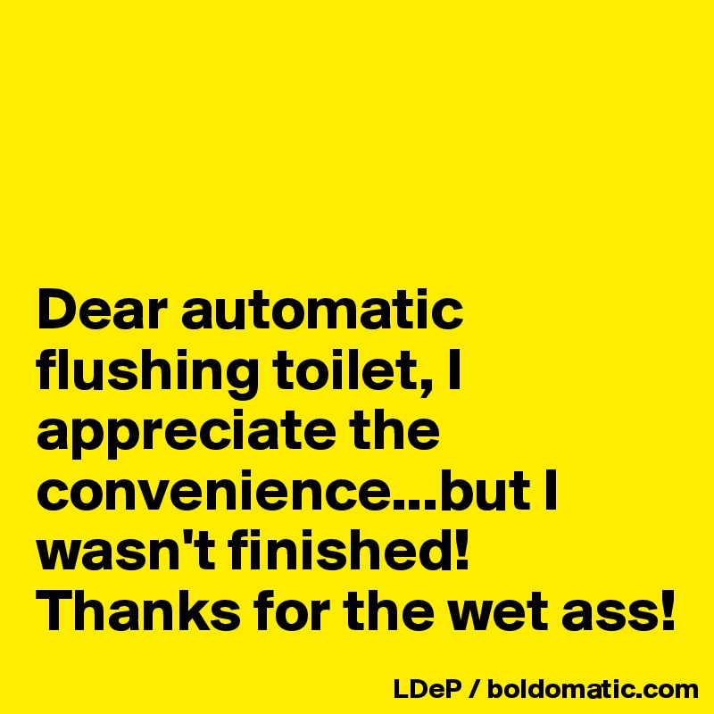 



Dear automatic flushing toilet, I appreciate the convenience...but I wasn't finished!
Thanks for the wet ass!