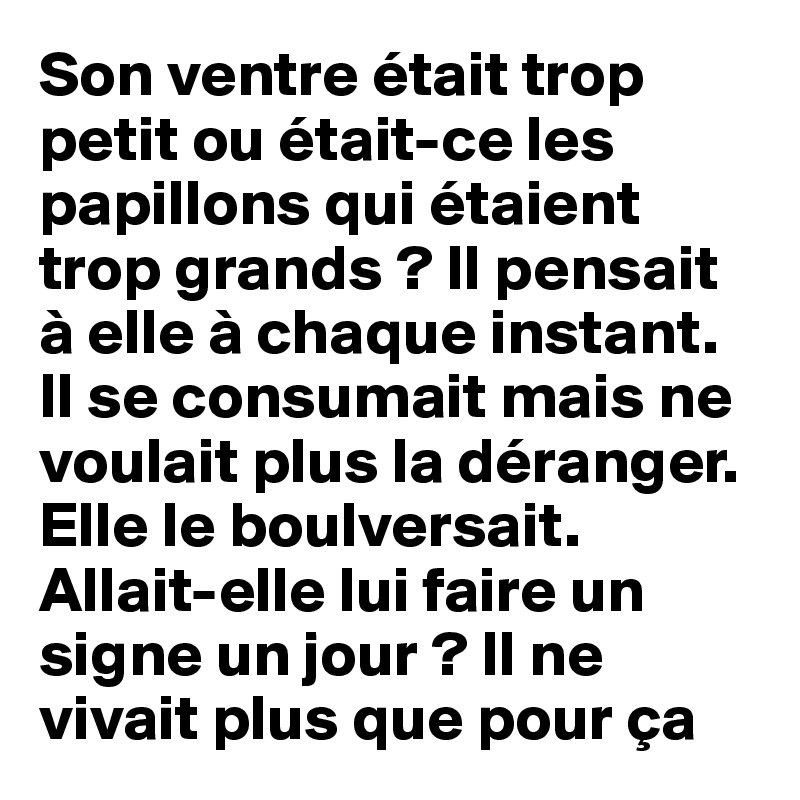 Son ventre était trop petit ou était-ce les papillons qui étaient trop grands ? Il pensait à elle à chaque instant. Il se consumait mais ne voulait plus la déranger. Elle le boulversait. Allait-elle lui faire un signe un jour ? Il ne vivait plus que pour ça