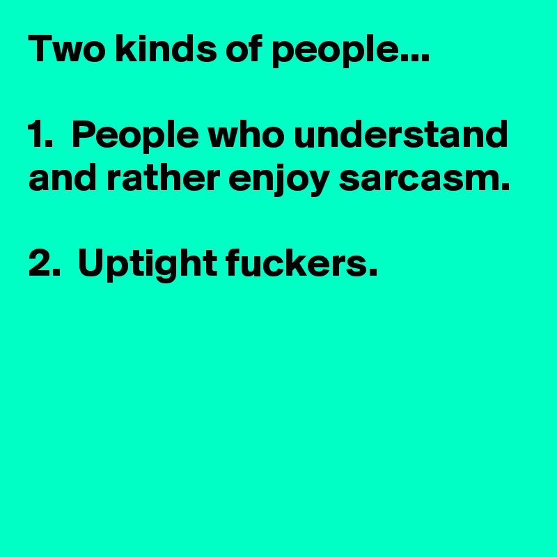 Two kinds of people...

1.  People who understand and rather enjoy sarcasm.

2.  Uptight fuckers.




