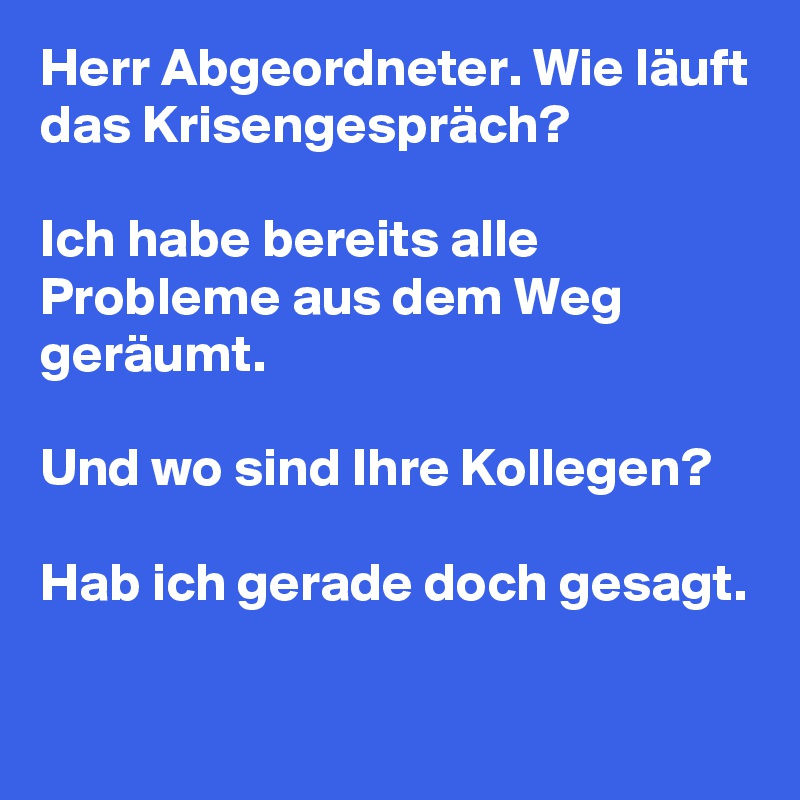 Herr Abgeordneter. Wie läuft das Krisengespräch? 

Ich habe bereits alle Probleme aus dem Weg geräumt. 

Und wo sind Ihre Kollegen? 

Hab ich gerade doch gesagt. 


