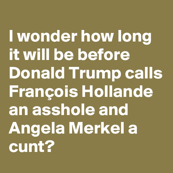 
I wonder how long it will be before Donald Trump calls François Hollande an asshole and Angela Merkel a cunt?