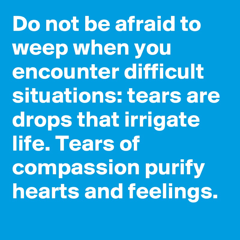 Do not be afraid to weep when you encounter difficult situations: tears are drops that irrigate life. Tears of compassion purify hearts and feelings.