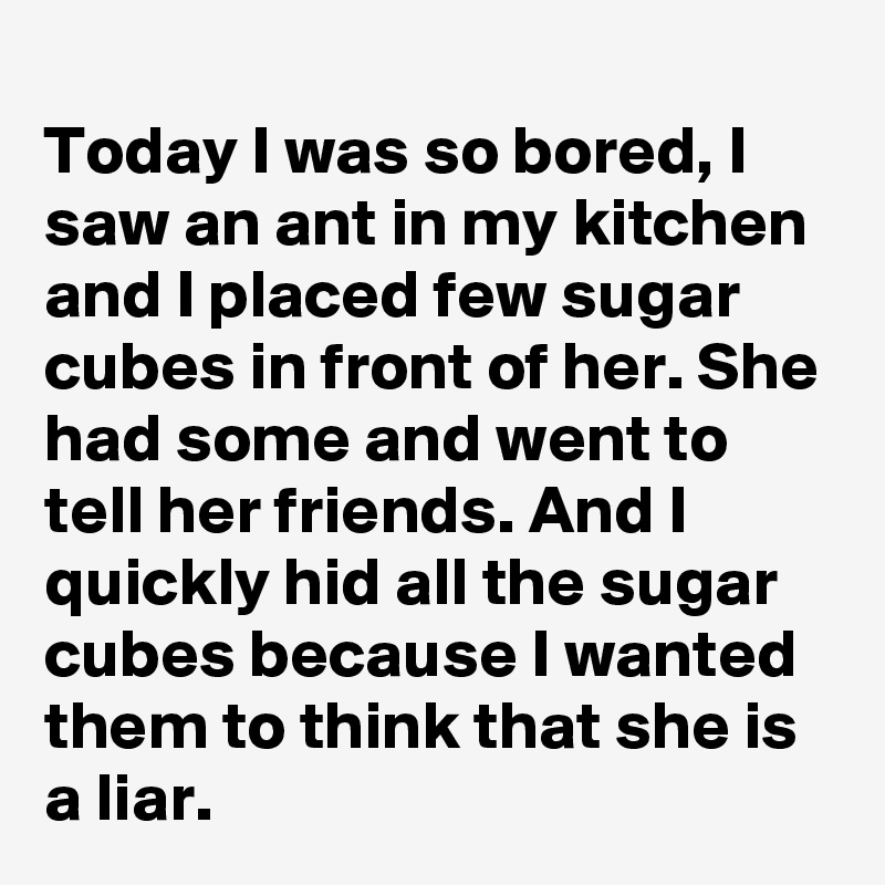
Today I was so bored, I saw an ant in my kitchen and I placed few sugar cubes in front of her. She had some and went to tell her friends. And I quickly hid all the sugar cubes because I wanted them to think that she is a liar.