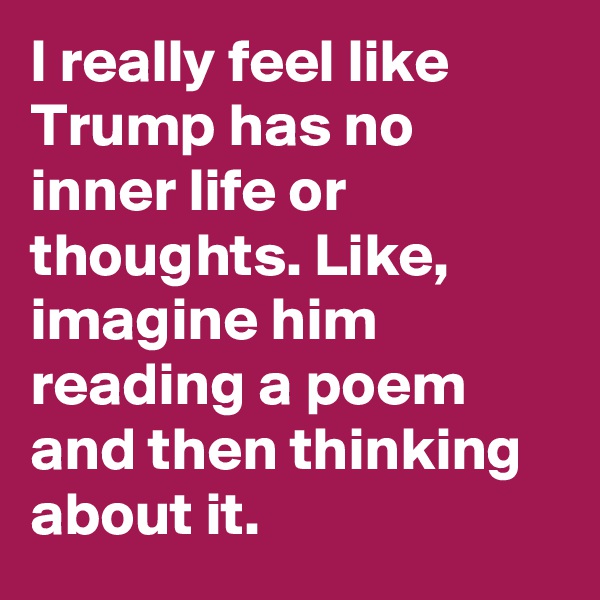 I really feel like Trump has no inner life or thoughts. Like, imagine him reading a poem and then thinking about it.