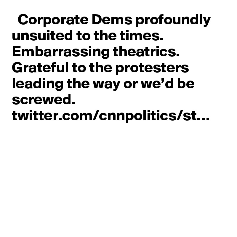   Corporate Dems profoundly unsuited to the times. Embarrassing theatrics. Grateful to the protesters leading the way or we’d be screwed. twitter.com/cnnpolitics/st…
