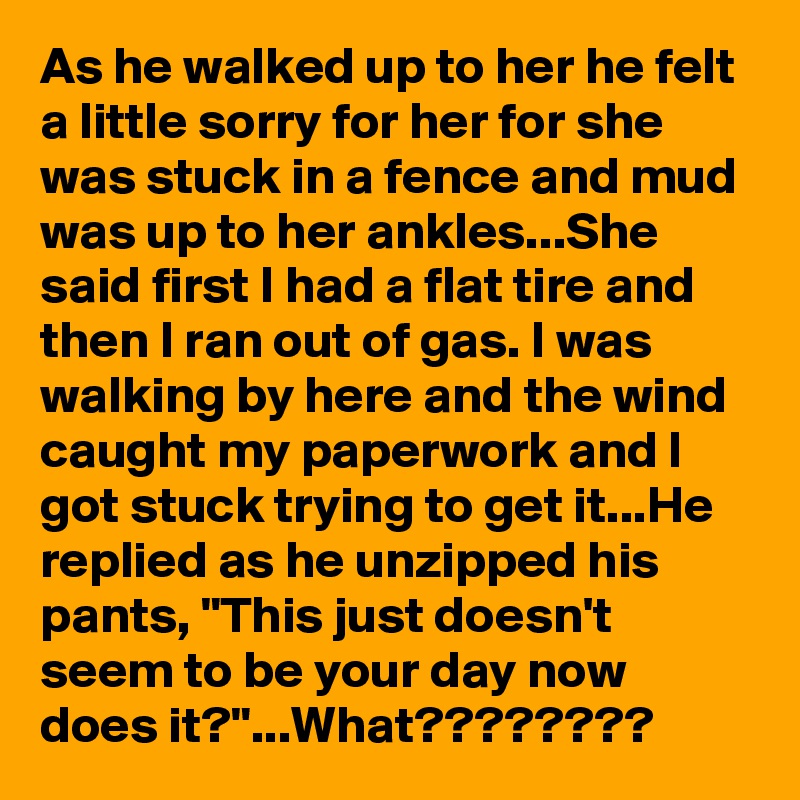 As he walked up to her he felt a little sorry for her for she was stuck in a fence and mud was up to her ankles...She said first I had a flat tire and then I ran out of gas. I was walking by here and the wind caught my paperwork and I got stuck trying to get it...He replied as he unzipped his pants, "This just doesn't seem to be your day now does it?"...What????????
