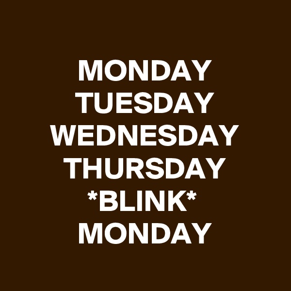 
MONDAY
TUESDAY
WEDNESDAY
THURSDAY
*BLINK*
MONDAY
