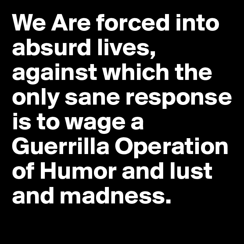 We Are forced into absurd lives, against which the only sane response is to wage a Guerrilla Operation of Humor and lust and madness.