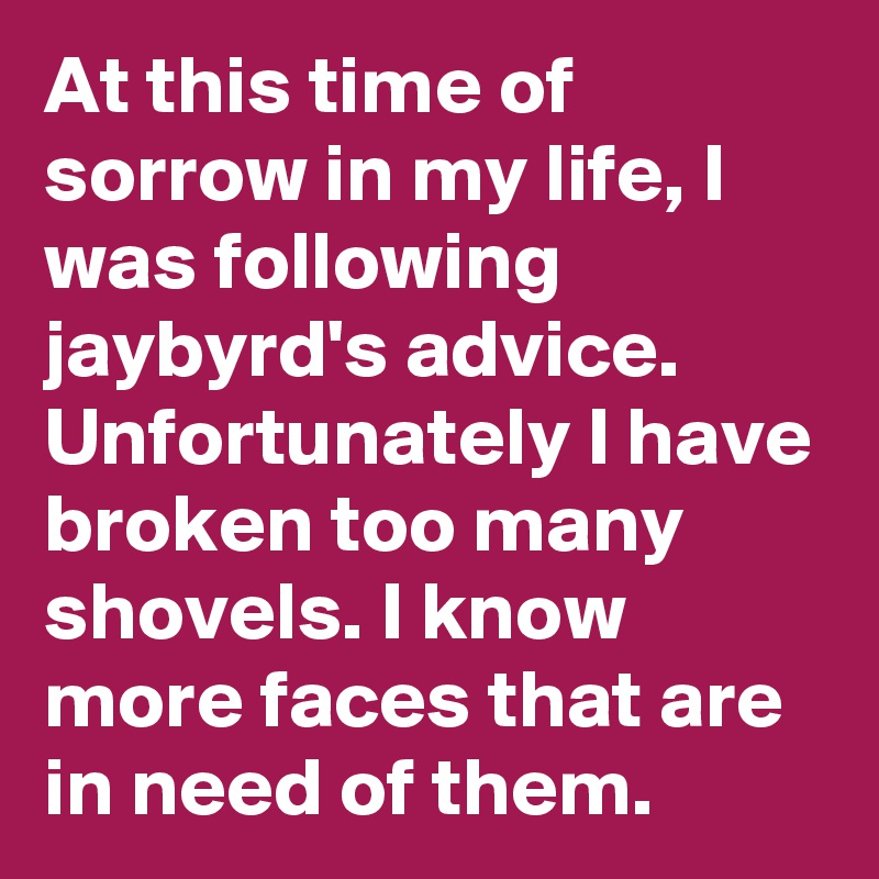 At this time of sorrow in my life, I was following jaybyrd's advice. Unfortunately I have broken too many shovels. I know more faces that are in need of them.