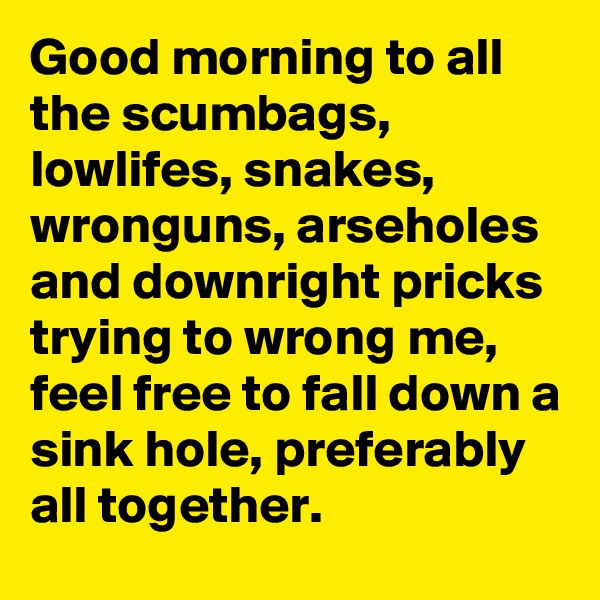 Good morning to all the scumbags, lowlifes, snakes, wronguns, arseholes and downright pricks trying to wrong me, feel free to fall down a sink hole, preferably all together.