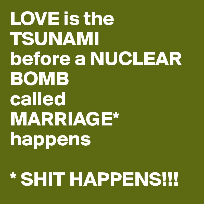 LOVE is the TSUNAMI
before a NUCLEAR BOMB
called 
MARRIAGE* 
happens

* SHIT HAPPENS!!! 