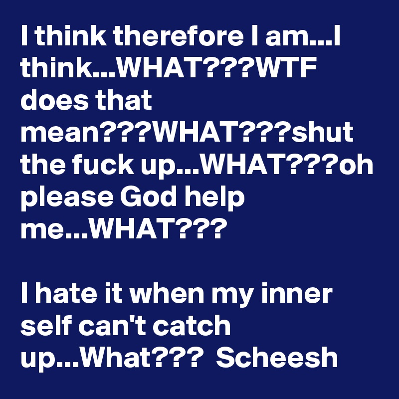 I think therefore I am...I think...WHAT???WTF does that mean???WHAT???shut the fuck up...WHAT???oh please God help me...WHAT???

I hate it when my inner self can't catch up...What???  Scheesh