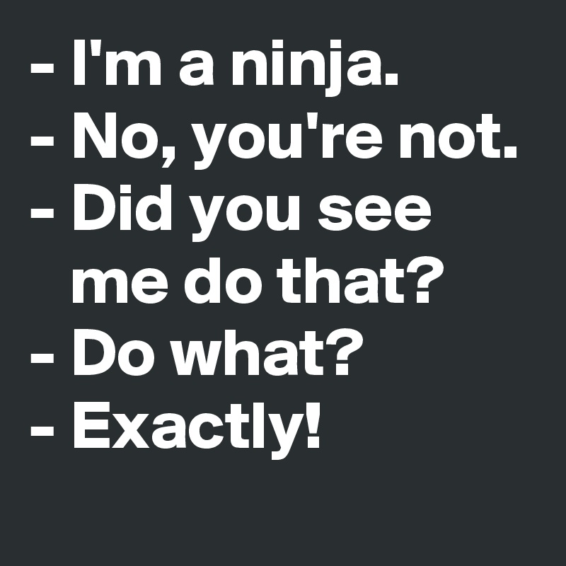 - I'm a ninja.
- No, you're not.
- Did you see 
   me do that?
- Do what?
- Exactly!