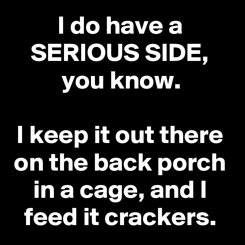 I do have a SERIOUS SIDE,
you know.

I keep it out there on the back porch in a cage, and I feed it crackers.