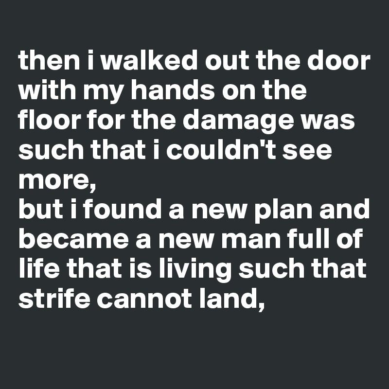 
then i walked out the door with my hands on the floor for the damage was such that i couldn't see more, 
but i found a new plan and became a new man full of life that is living such that strife cannot land,
