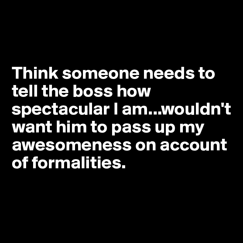 


Think someone needs to tell the boss how spectacular I am...wouldn't want him to pass up my awesomeness on account of formalities.


