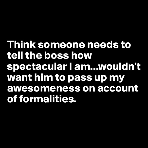 


Think someone needs to tell the boss how spectacular I am...wouldn't want him to pass up my awesomeness on account of formalities.



