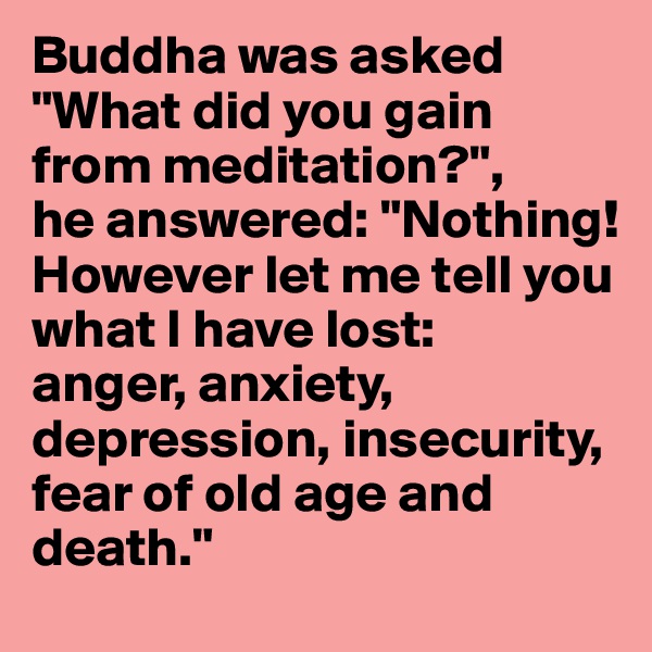 Buddha was asked "What did you gain from meditation?", 
he answered: "Nothing! However let me tell you what I have lost: 
anger, anxiety, depression, insecurity, fear of old age and death." 